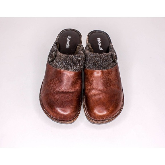 Bjorndal Madge Clog Mules Brown Leather Knit Fabric Lining Size 10 - Picture 2 of 6